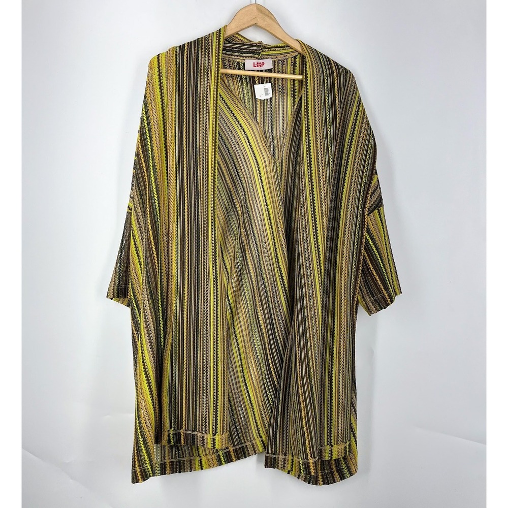 LMP Womens Striped Open Front Cardigan Yellow Brown Olive Textured Knit Boho M
